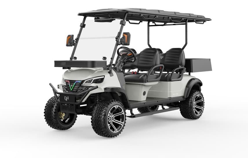 White electric utility cart with cargo box