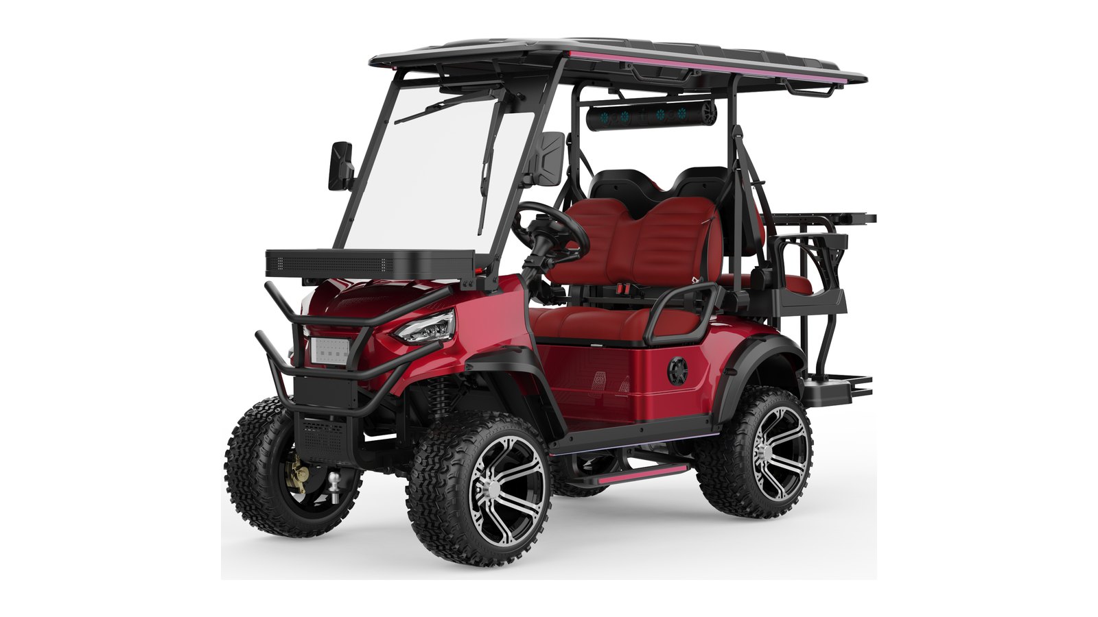 Private-label electric golf cart in custom red paint with color-matched interior