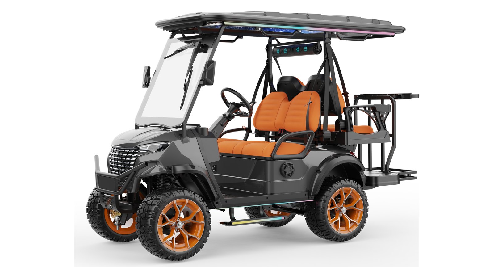 Front three-quarter view of a private-mold lifted golf cart with distinctive bodywork