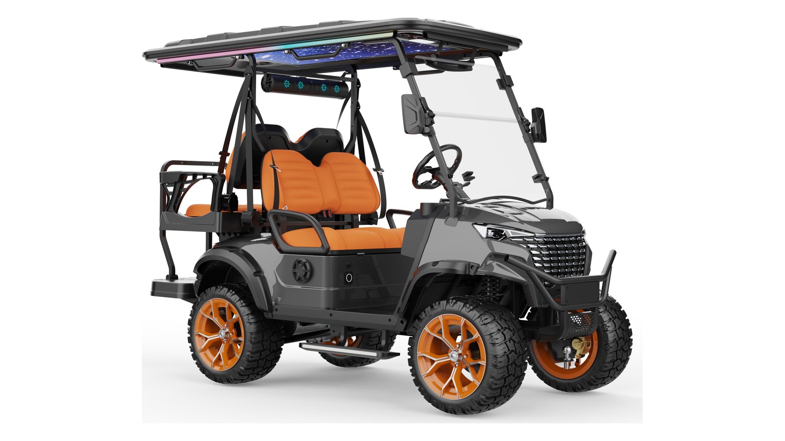 Lifted 4-seater golf cart with all-terrain wheels, shown rear three-quarter