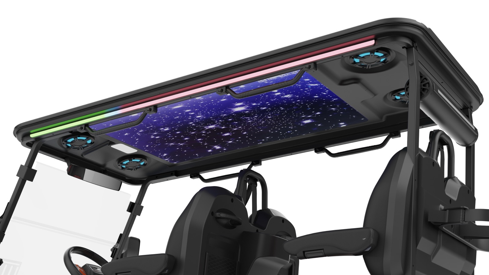 Starry-sky roof panel with ambient RGB lighting and integrated soundbar detail